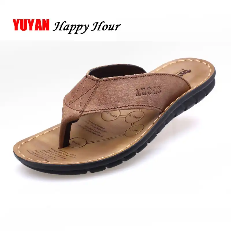 Leather Non-Slip Slippers Men Beach Sandals Summer Shoes Men Slippers Men Flip Flops,Brown,14
