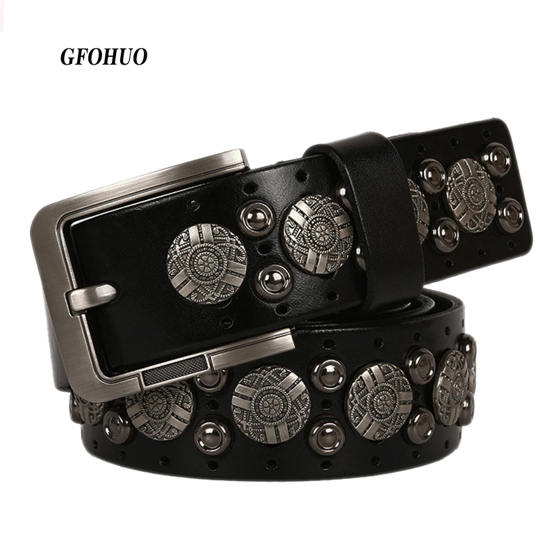 Metal Rivet Cowboy Belt Genuine Leather Cowskin Men Belt Punk Rivet ...
