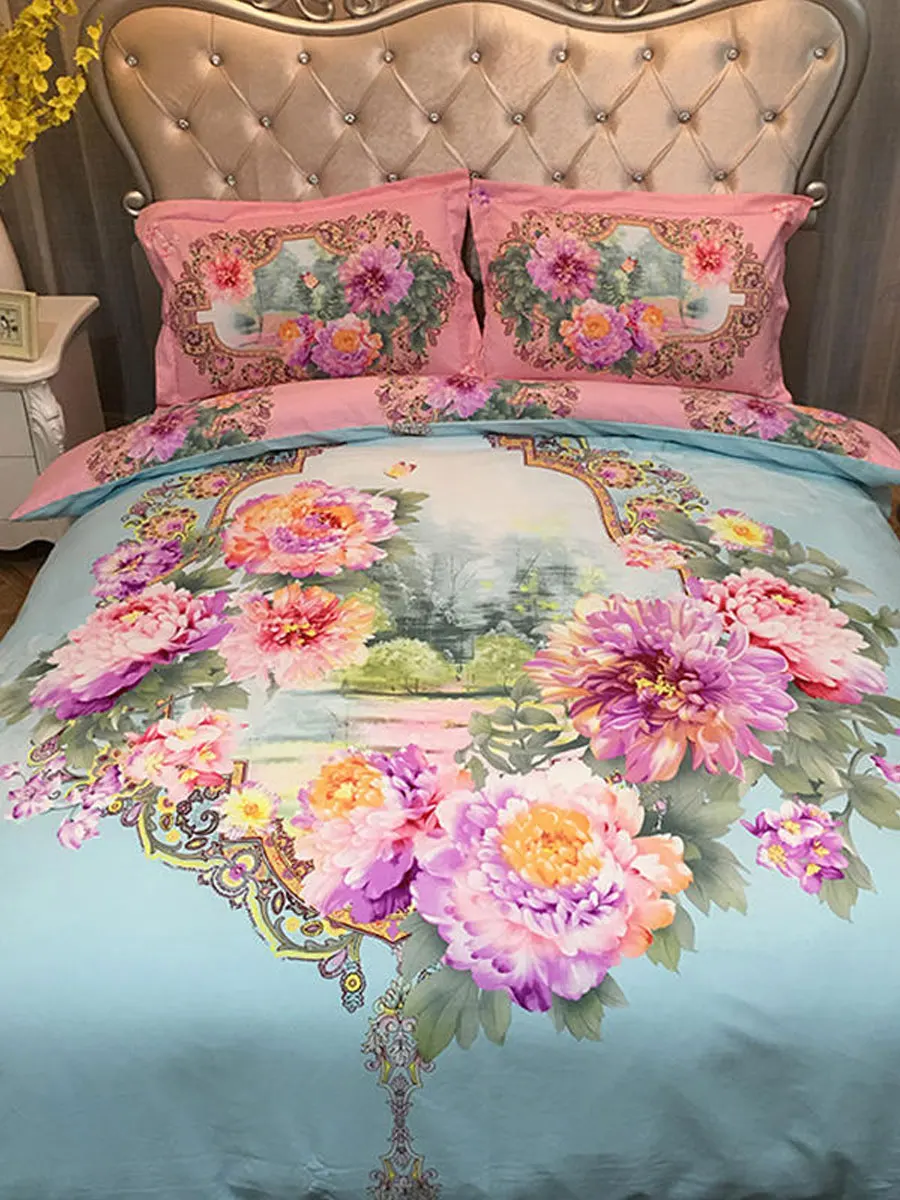 

4Pcs Bedclothes Set Voguish Pastoral Style Sweet Flowers Pattern Soft Bedsheet Set