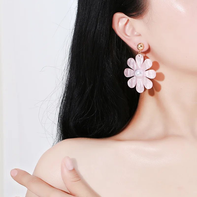 

Pink White Petal Flower Hollow Rectangle Polygon Acrylic Resin Acetate Stone Long Dangle Earrings Big Drop Earrings for Women