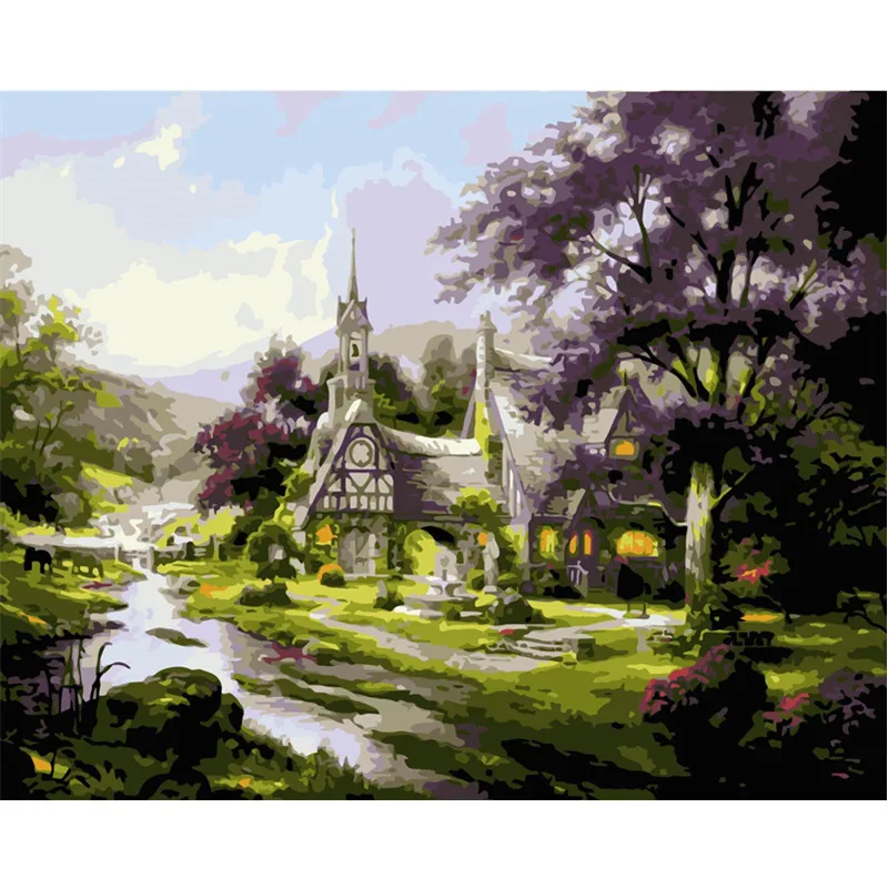 

Painting By Numbers DIY Dropshipping 40x50 50x65cm Forest Green Creek Cottage Scenery Canvas Wedding Decoration Art picture Gift