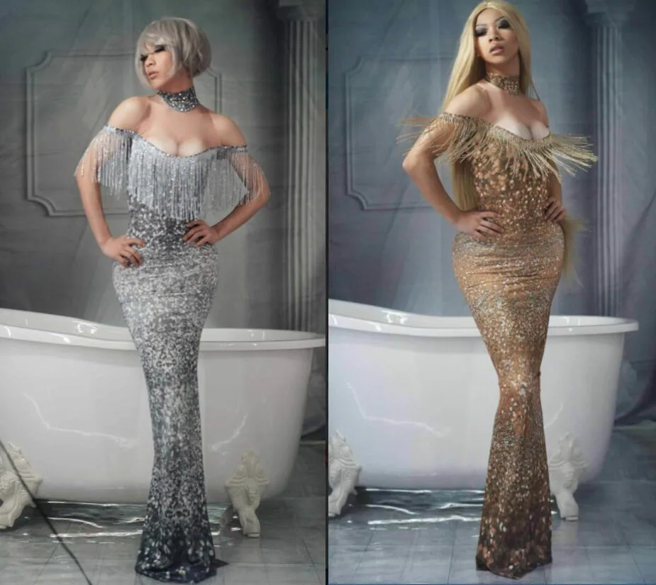 

Occident Nightclub Bar Party Dress Women Silver Gold Tassels Long Dress Off Shoulder Skinny Dress Prom Birthday Stage Costumes