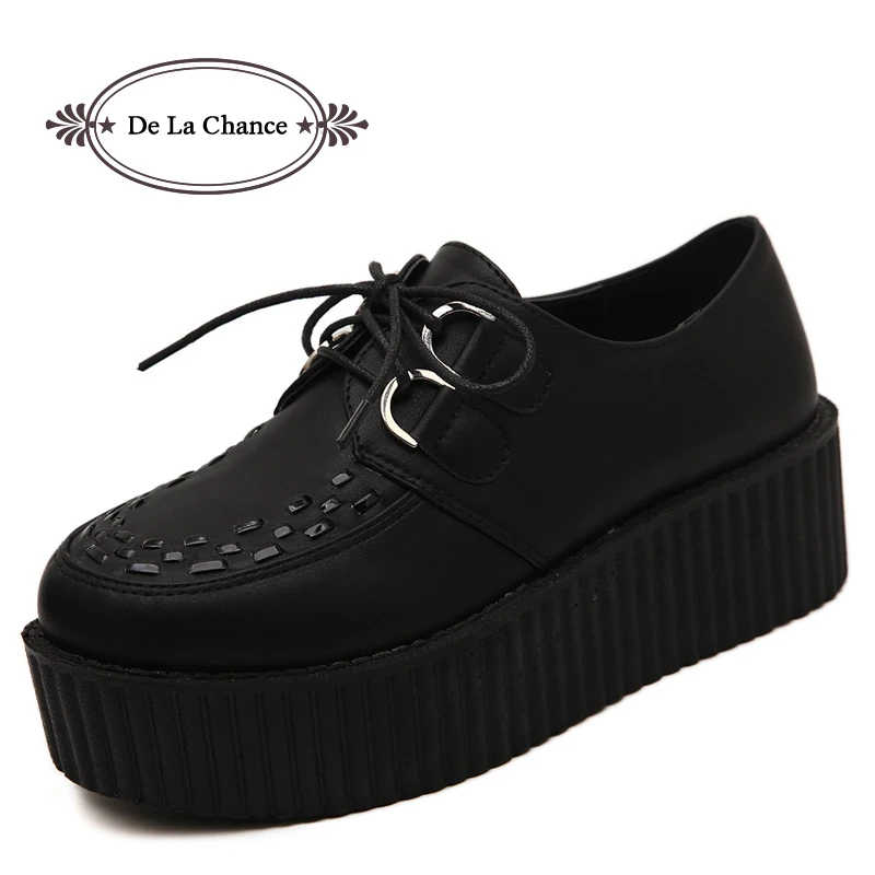 Женские замшевые туфли на платформе винтажные черные толстой подошве обувь