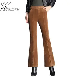 Осень-Зима повседневные вельветовые расклешенные брюки женские эластичные с высокой талией однотонные брюки до щиколотки большие размеры