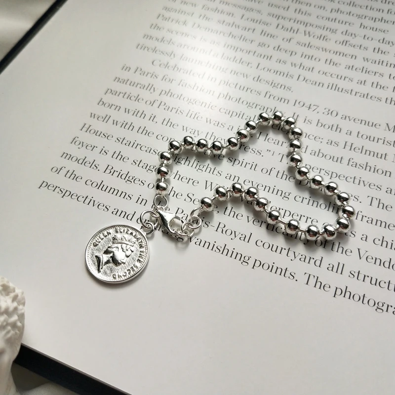 

Real 925 Sterling Silver Fine Jewelry Designer White Gold Queen Empress Coin Charm For Womens Beaded Bracelets Pulseira Bijoux