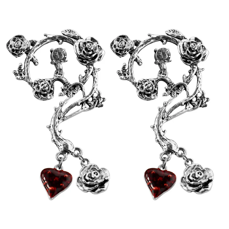 

Women Vintage Style Jewelry Girls Neo-gothic Rose Red Crystal Flower Pendant Earring Bride Hollow Wedding Statement Earrings