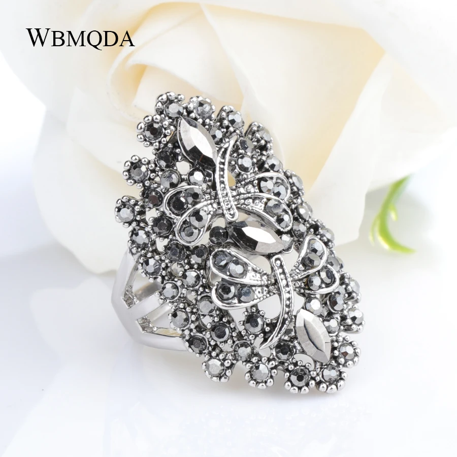 

Wbmqda Hot Vintage Rhinestone Dragonfly Rings For Women Antique Silver Hollow Big Ring Wedding Party Crystal Animal Jewelry