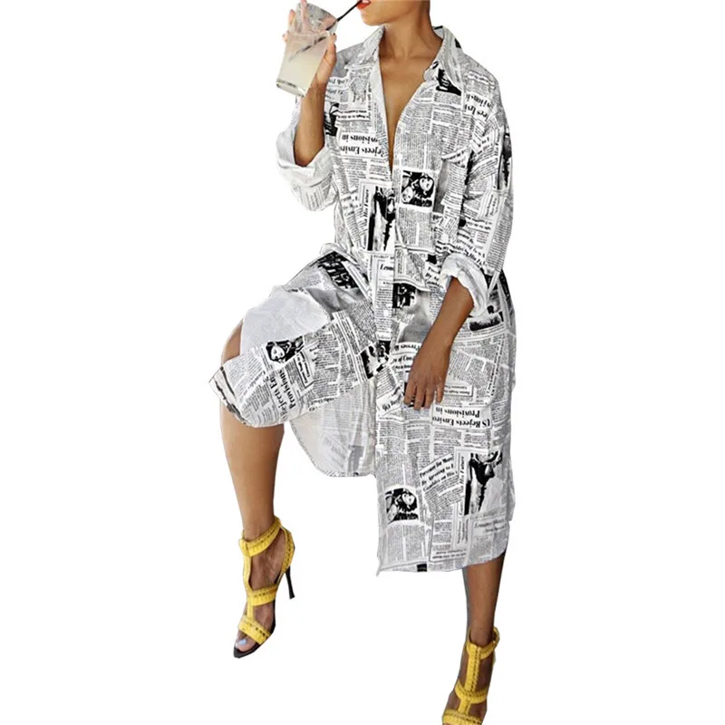 

Fashion Street Woman Dress Summer Large Swing Ball Gown Split One-Piece Buckle Newspaper Print Lapel Dress Plus Size