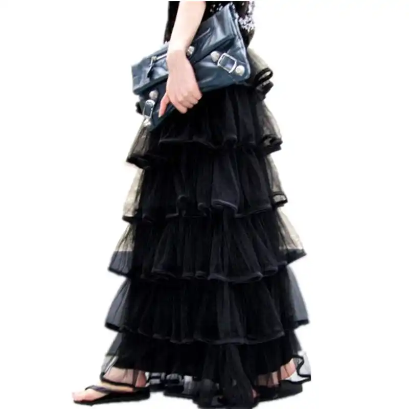black ruffle maxi skirt
