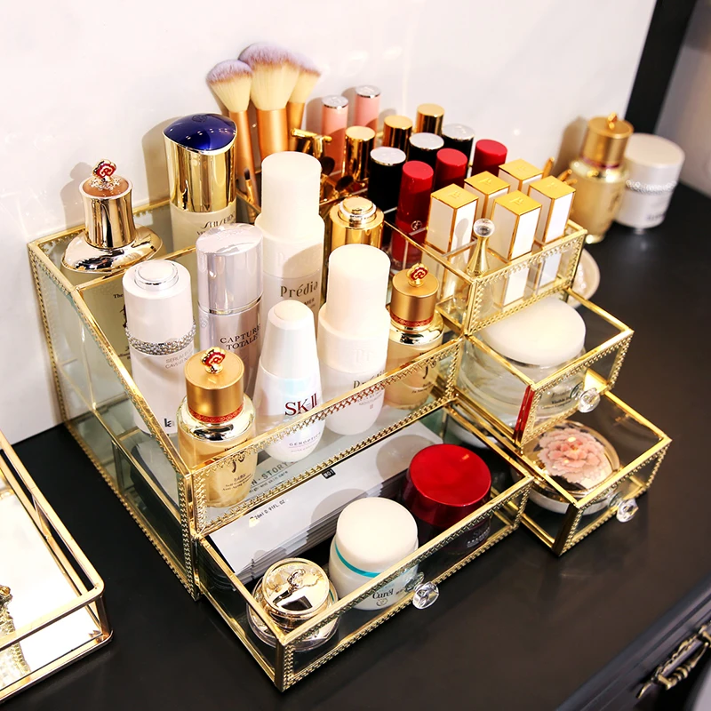  Mutilfunctional Makeup storage box perfume bottles box glass and metal gold lipstick cosmetic organ