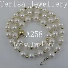 Новая A258#, размер AAA: 7-8 мм натуральный природный жемчуг белого цвета, сделанные с 4 мм Золотые бусы модное ожерелье
