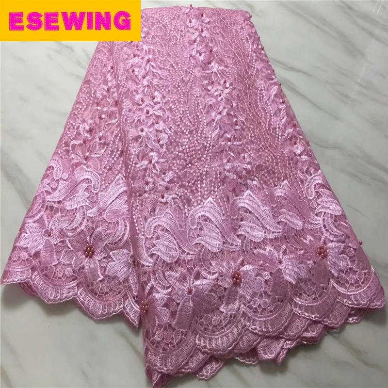 

ESEWING 2018 New African Lace Fabric Baby Pink High Quality French Net Lace With Beads Wedding Nigeria Embroidered Party Dress