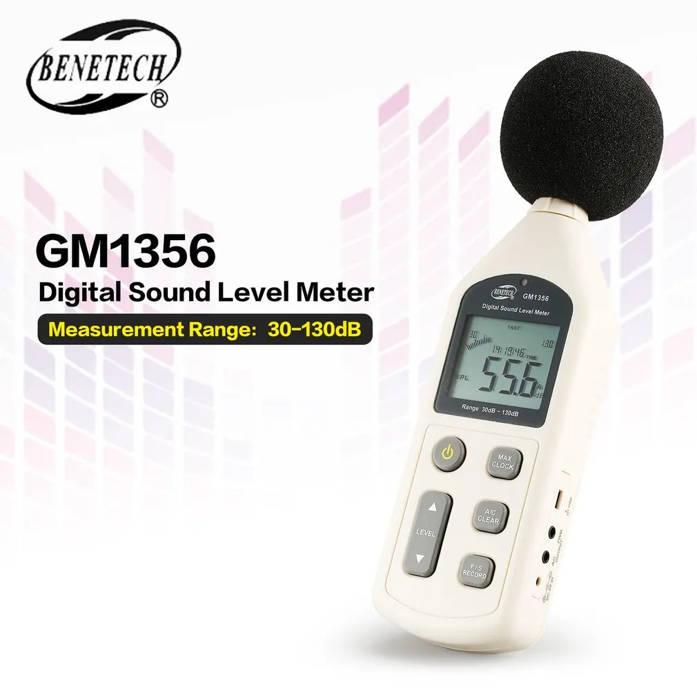 

BENETECH GM1356 30-130dB A/C Digital Sound Level Meter Noise Volume Tester Fast/Slow dB Decibels Detector with Backlight USB