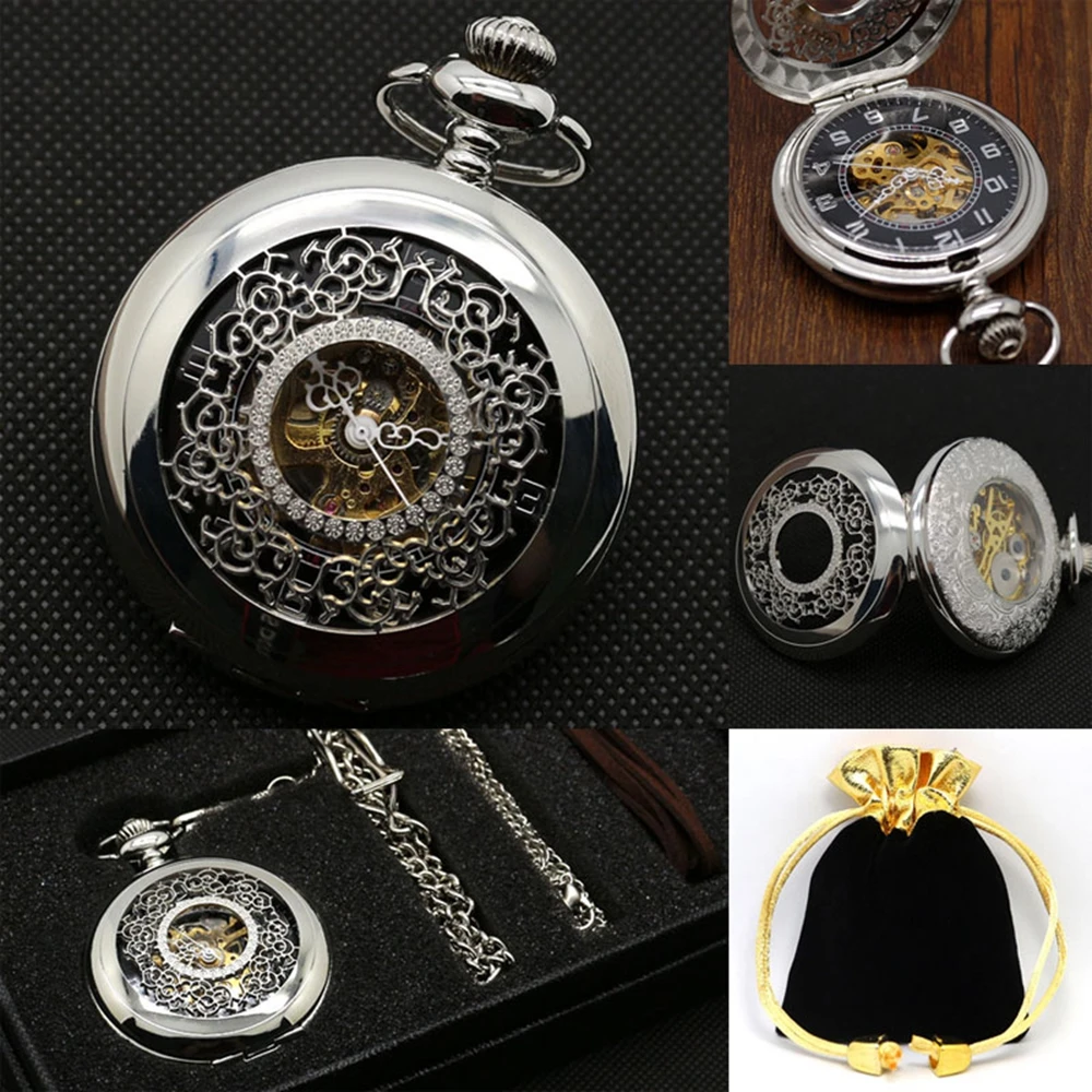 Античная подарочный набор Скелет стимпанк mechaical карманные часы полые Вырезка цветочным узором кулон часы+ Подарочная коробка сумка