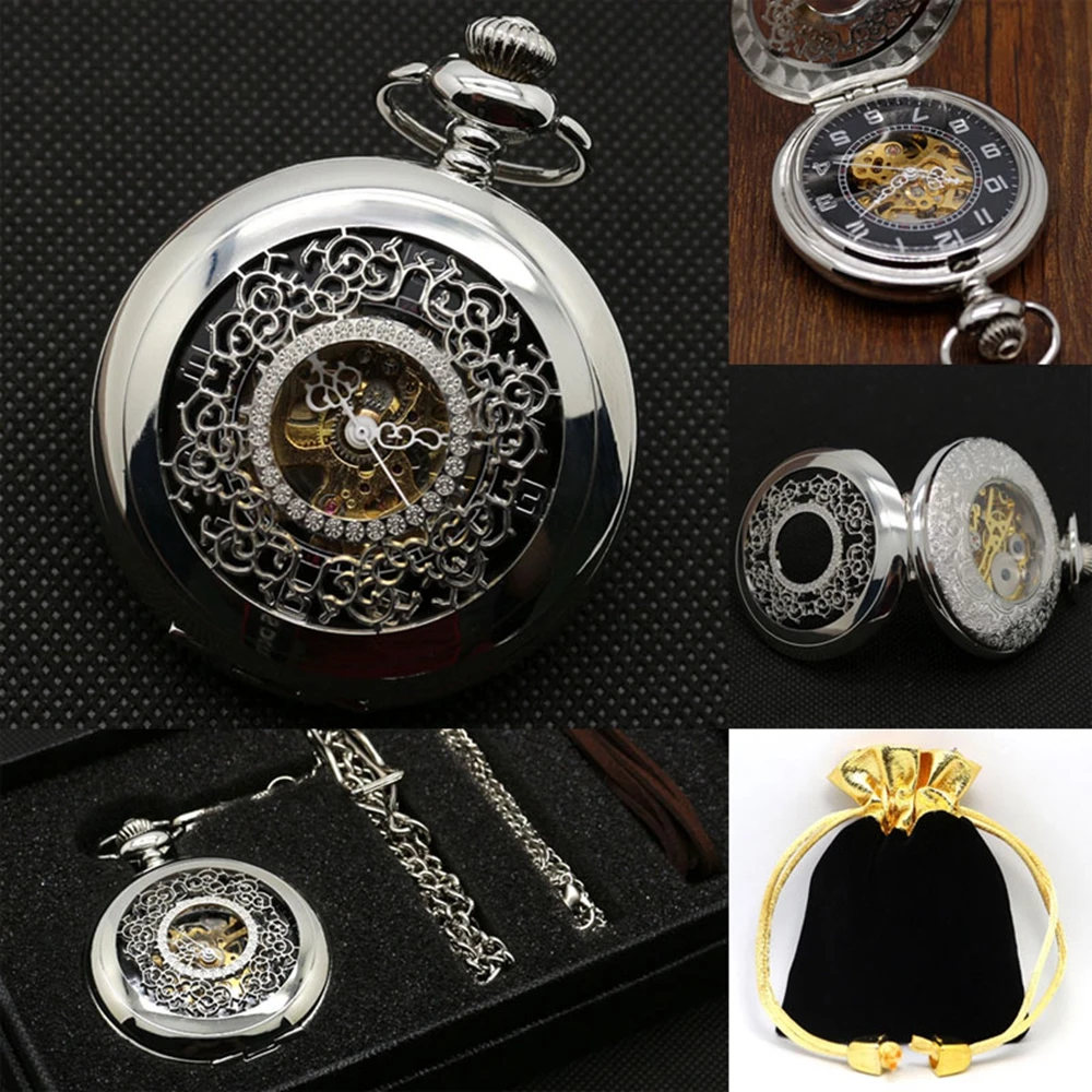 Antique Gift Set Skeleton Steampunk Mechaical Pocket Watch Hollow Carving Flower Pattern Pendant Clock + Gift Box Bag (1)