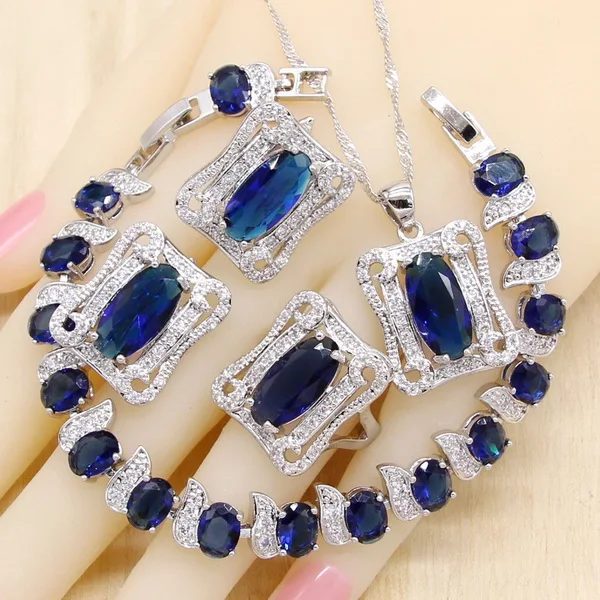 925 серебряные Свадебные Ювелирные наборы для женщин королевский синий циркониевый браслет серьги ожерелье кулон кольцо подарок на день рождения - Окраска металла: 4PCS with bracelet
