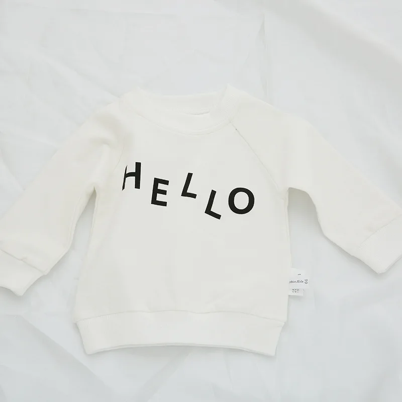 Осенние детские толстовки с капюшоном хлопковая футболка свитер с надписью «Hello» для маленьких мальчиков и девочек возрастом от 6 до 24 месяцев