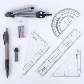 

9591 Students Sationery Drawing Ruler Set, Straight Triangular Ruler Compasses Set 8pieces