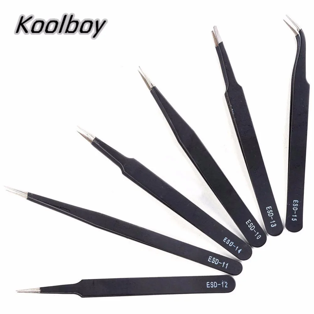 6Pcs Anti static ESD Stainless Steel Tweezers Maintenance