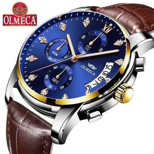 Для мужчин s часы лучший бренд класса люкс OLMECA часы Relogio Masculino 3ATM водонепроницаемые часы хронограф наручные часы Reloj Hombre для мужчин - Цвет: Gold Blue Leather