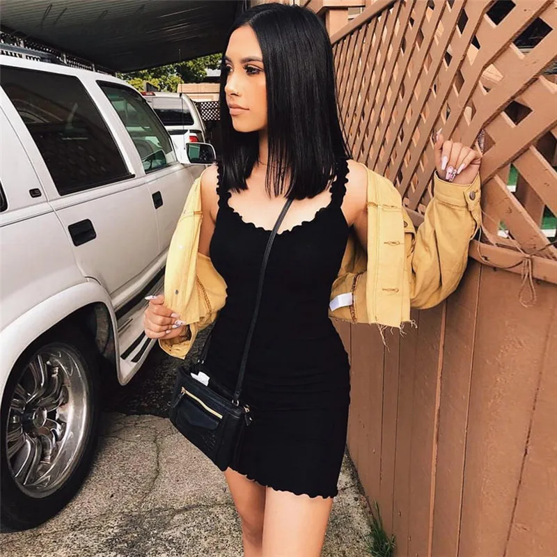 

Macheda Ruffles Solid Sling Summer Tight Dresses Sleeveless 2018 New Bodycon Short Dress Solid Color Sexy Party Dress Women