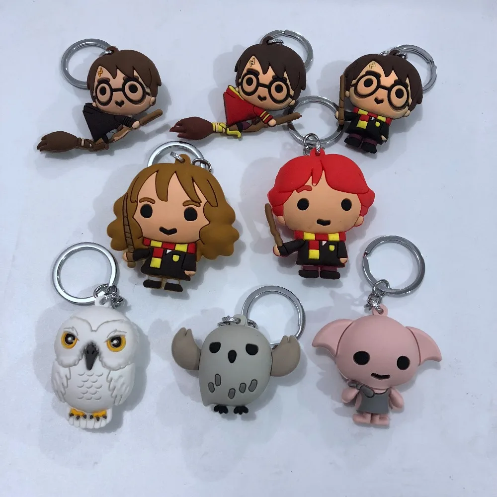 

3D Harri Potter Hermione Dobby Owl PVC Keychain Toy Action Figure Naruto Dragon Ball Harri badge Ride Broom With Magic Wand Toys