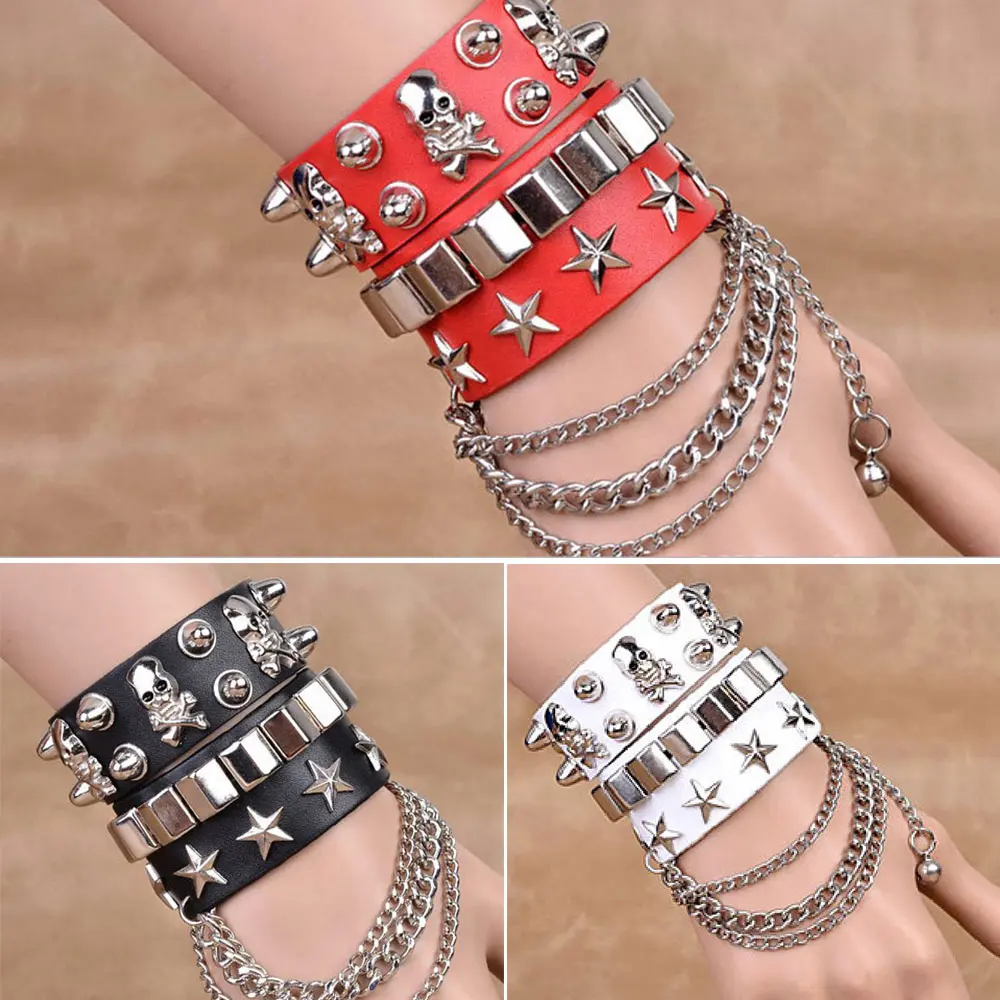 Jiuyuan Unisex Punk Rock Skull Star Multi Charm Bracelet Gothic Jewelry Braided Rope Leather Bracelet 