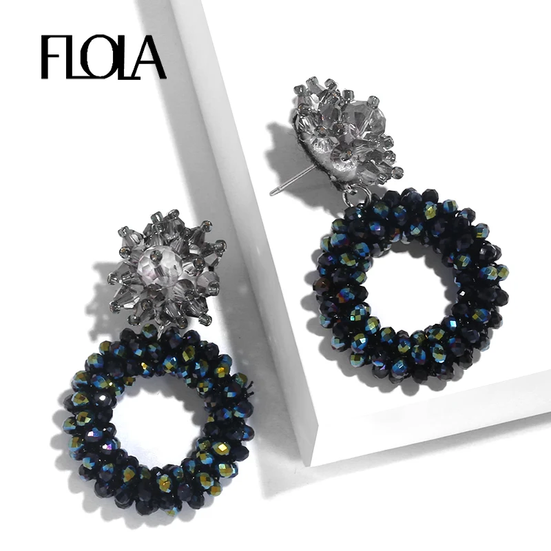 

FLOLA Large Crystal Drop Earrings Silver Beaded Crystal Of Flower Long Earring Handmade Oorhangers groot kristal Earrings ersq58