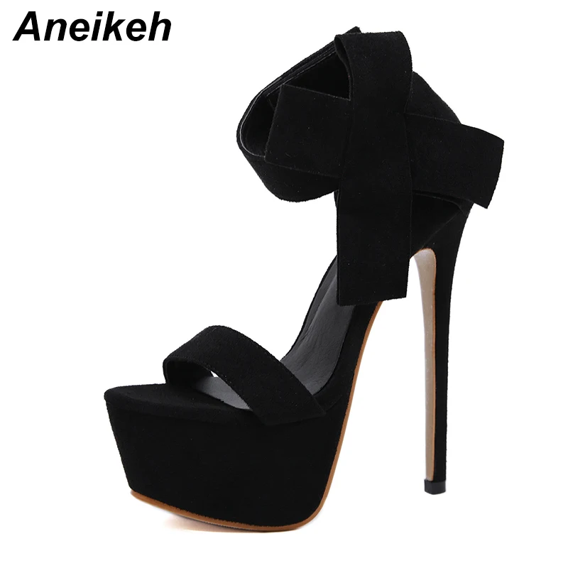Aneikeh/Новые Элегантные замшевые босоножки на высоком каблуке с милым бантиком сандалии на толстой подошве с открытым носком на очень высоком каблуке 17 см - Цвет: black