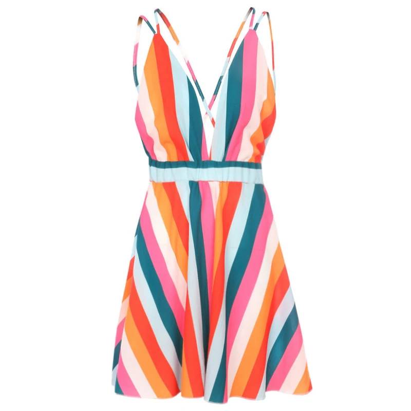 

Women Backless Sundress Deep V Neck Colorful Striped Print Spaghetti Shoulder Straps Sleeveless Summer Casual Mini Dress vestido