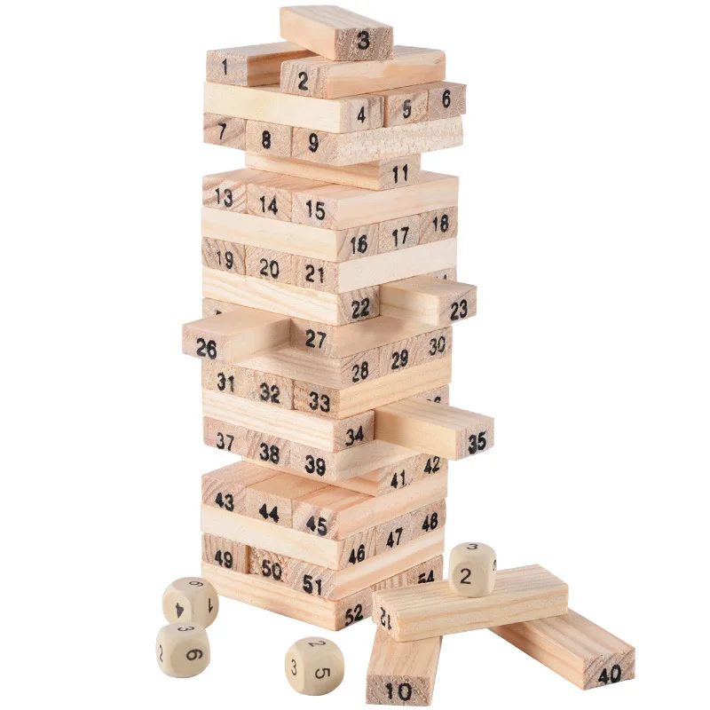 

54 Blocks 4 Dices Stacking Party Family Challenge Balance Game Wooden Tumbling Stacking Tower building blocks Education Toy
