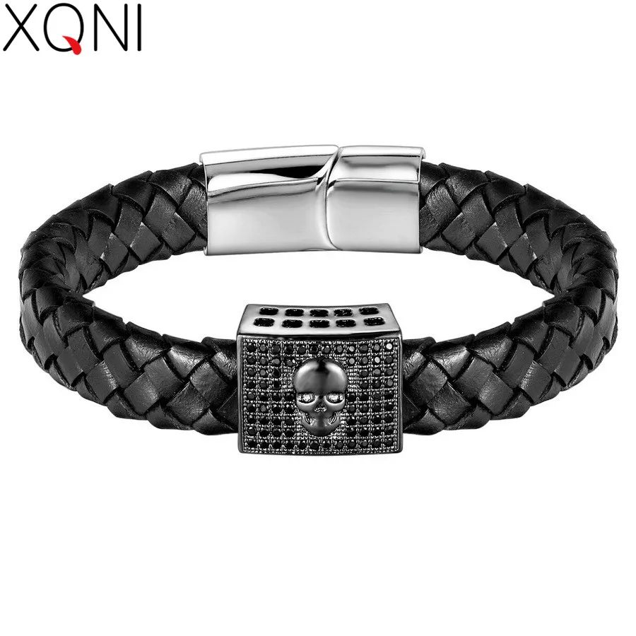 

XQNI Easy Hook Stainless Steel Bracelets With Skull Pattern Sport Style 4 Colors For Male Pulseira de couro genuino Men Jewelry