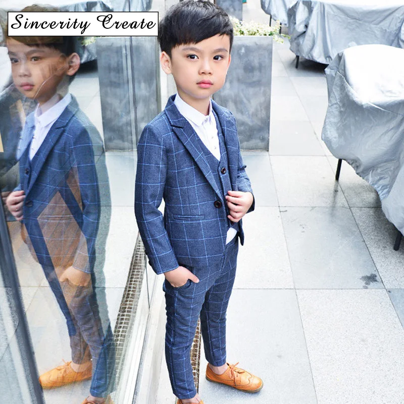 2018 New arrival plaid kids boys suits 3 pieces coat+vest+trousers 3