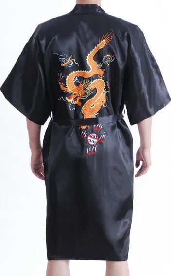Лидер продаж Китайский Мужской Атласный шелковый халат кимоно с вышивкой банное платье Hombres Vestido Dragon Размер S M L XL XXL XXXL S0103 - Цвет: Черный