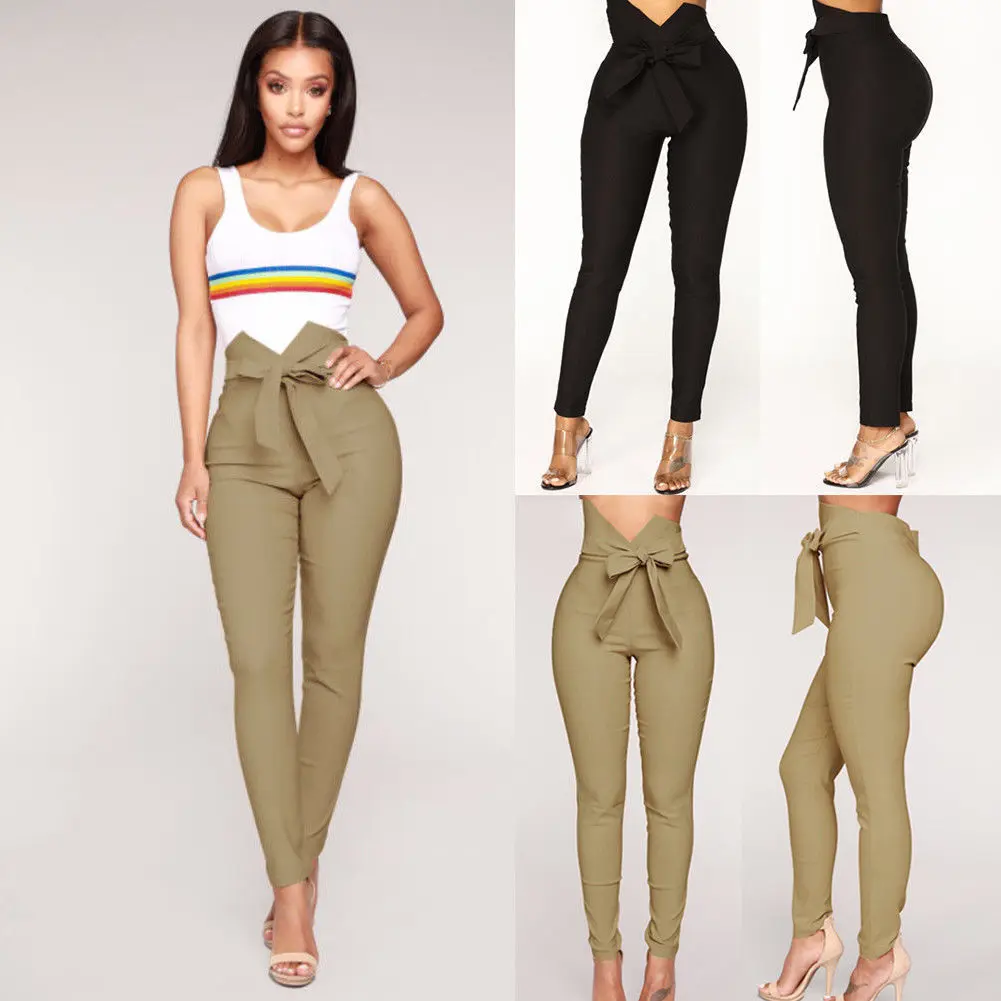 Womens Skinny Slim Stretchy Bandage Bowknot Pants Jeggings Pencil Trousers Casual Solid Drawstring High Waist | Женская одежда