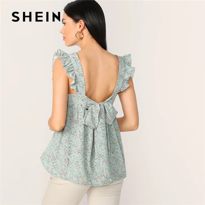 

SHEIN Green Ruffle Armhole Knot Open Back Floral Smock Blouse Ladies Tops Summer Sleeveless Floral Print Womens Tops and Blouses