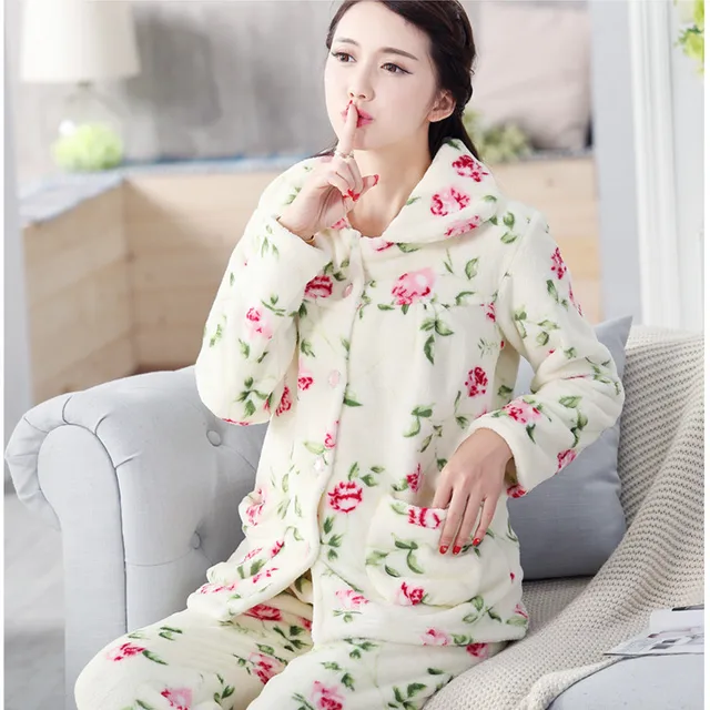 Voplidia Plus Size Women Flannel Thich Fleece Pajamas Sets