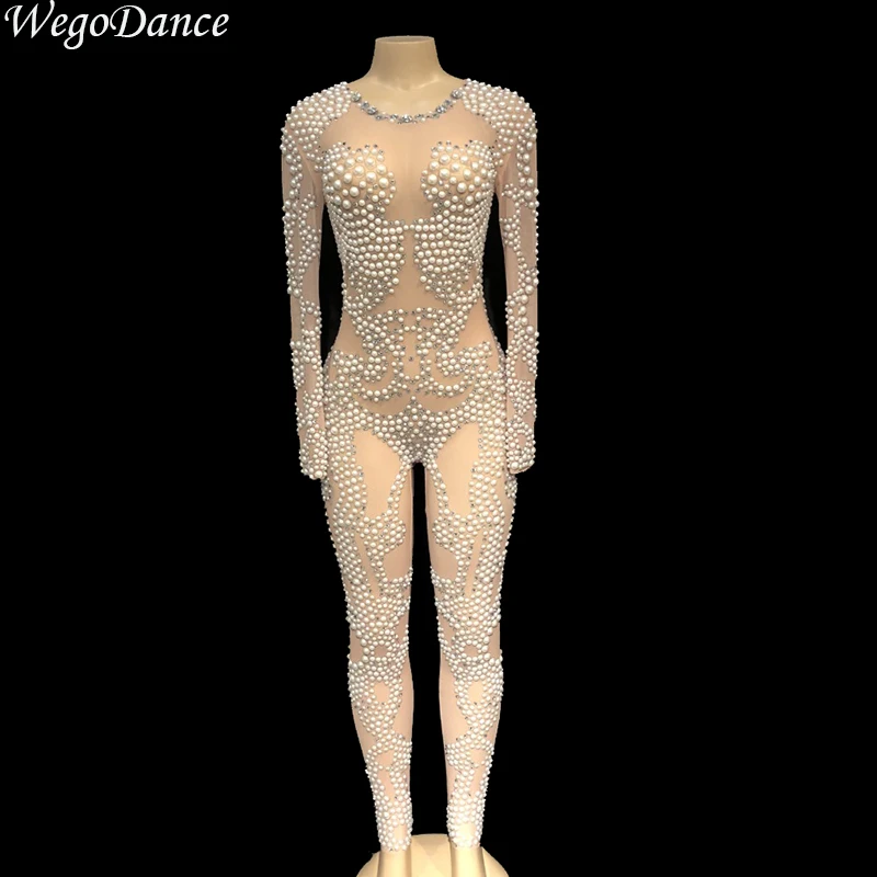 

new Women Sexy mesh Jumpsuit Full Crystal Pearl leotard Fashion Show Nightclub Party Birthday Bling Clothes