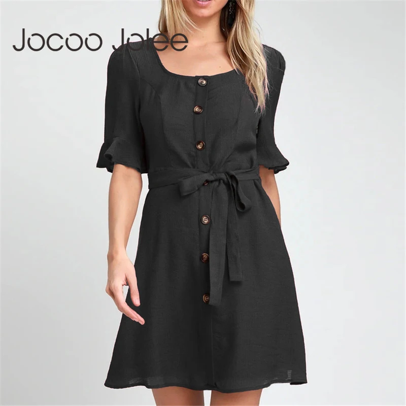 

Jocoo Jolee 2019 Women Casual Half Sleeve Sash Dress Solid Front Button Mini Dress Boho Summer Mini Dress Elegant Harajuku Dress