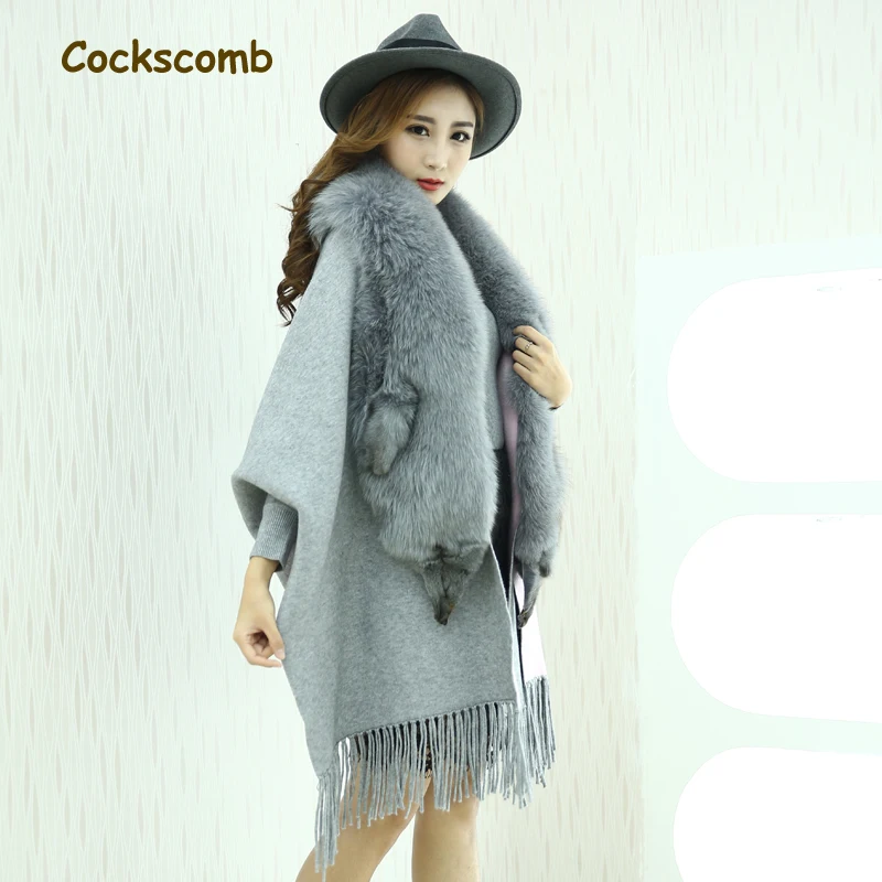

Cockscomb Real Whole Skin Fox Fur Collar Women's Cashmere Woolen Cloak Coats Women Tassel Scarves 2019 New Collection