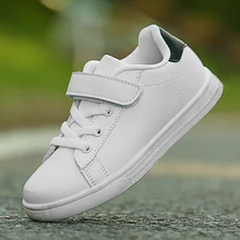 Детские Прогулочные кроссовки для маленьких и больших детей; спортивные кроссовки для мальчиков и девочек; детская обувь из искусственной кожи белого цвета