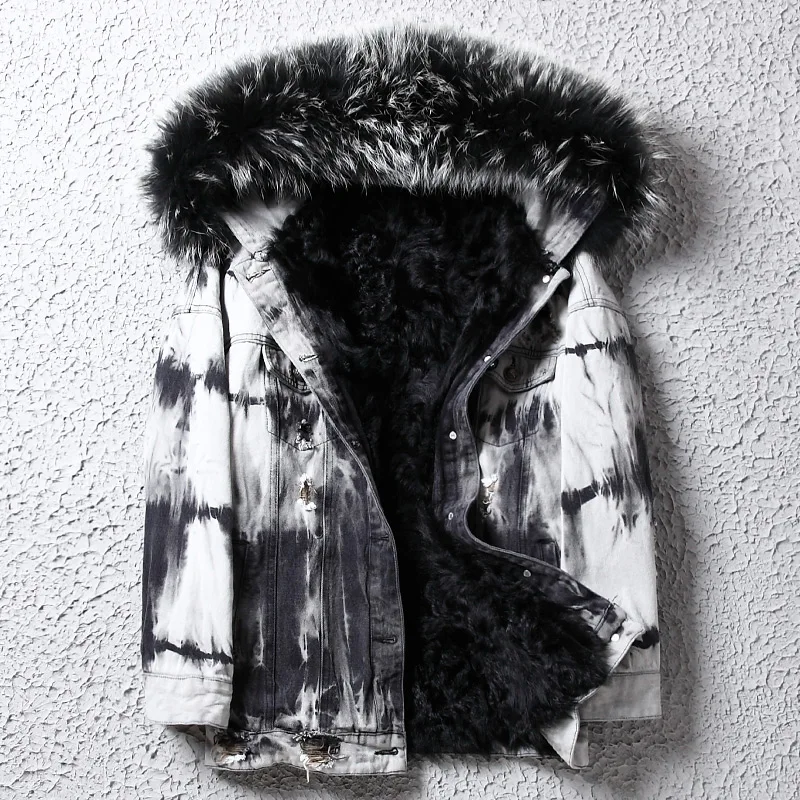 AYUNSUE/Мужское меховое пальто; парка с воротником из натурального меха енота; зимняя куртка для мужчин с шерстяной подкладкой; джинсовые куртки; большие размеры; парки; wpDD1801 KJ1409 - Цвет: Gray