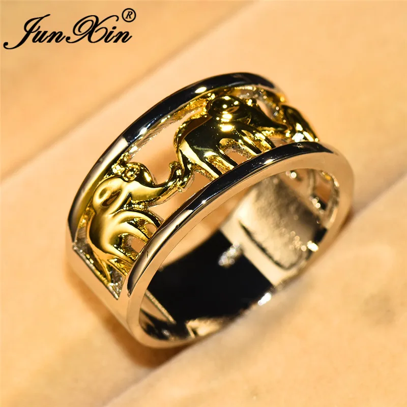 JUNXIN Gold Elephant Rings For Women Men 925 Silver Filled Big Ring Female Male Engagement Bands Couples Ring Boho Jewelry Gifts