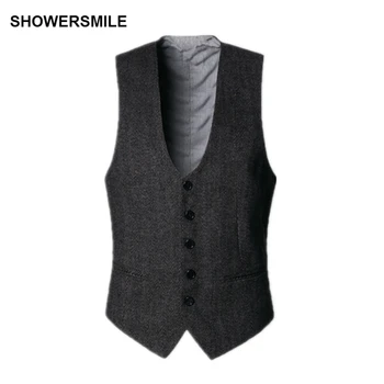 SHOWERSMILE Dark Grey Suit Vest Mens Wool Tweeds Autumn Vintage Slim Fit Striped Waistcoat England Style Sleeveless Jacket Gilet showersmile mens double breasted vest suit black dress waistcoat for men slim fit sleeveless jacket male spring autumn gilet