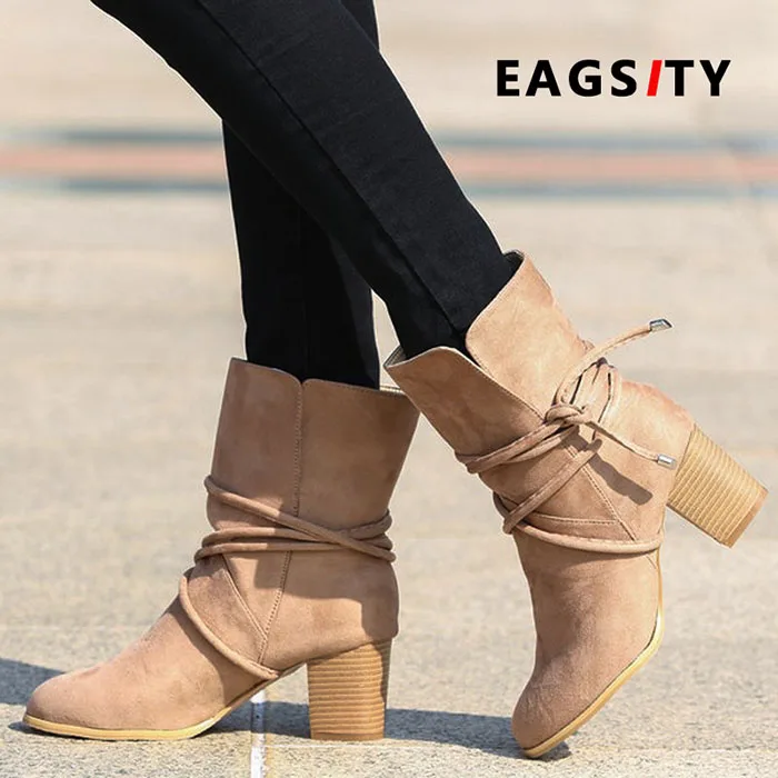 EAGSITY Women work boots square heel pointed toe ladies fashion Chelsea