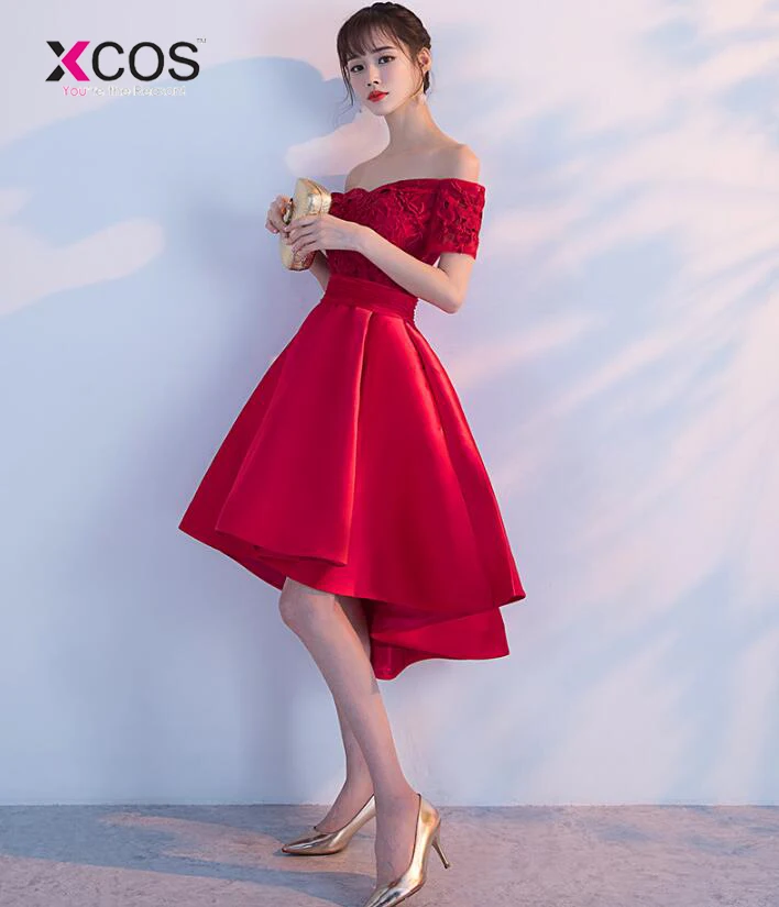 Недорогое короткое платье для выпускного вечера, Красные кружевные и атласные вечерние платья с открытыми плечами