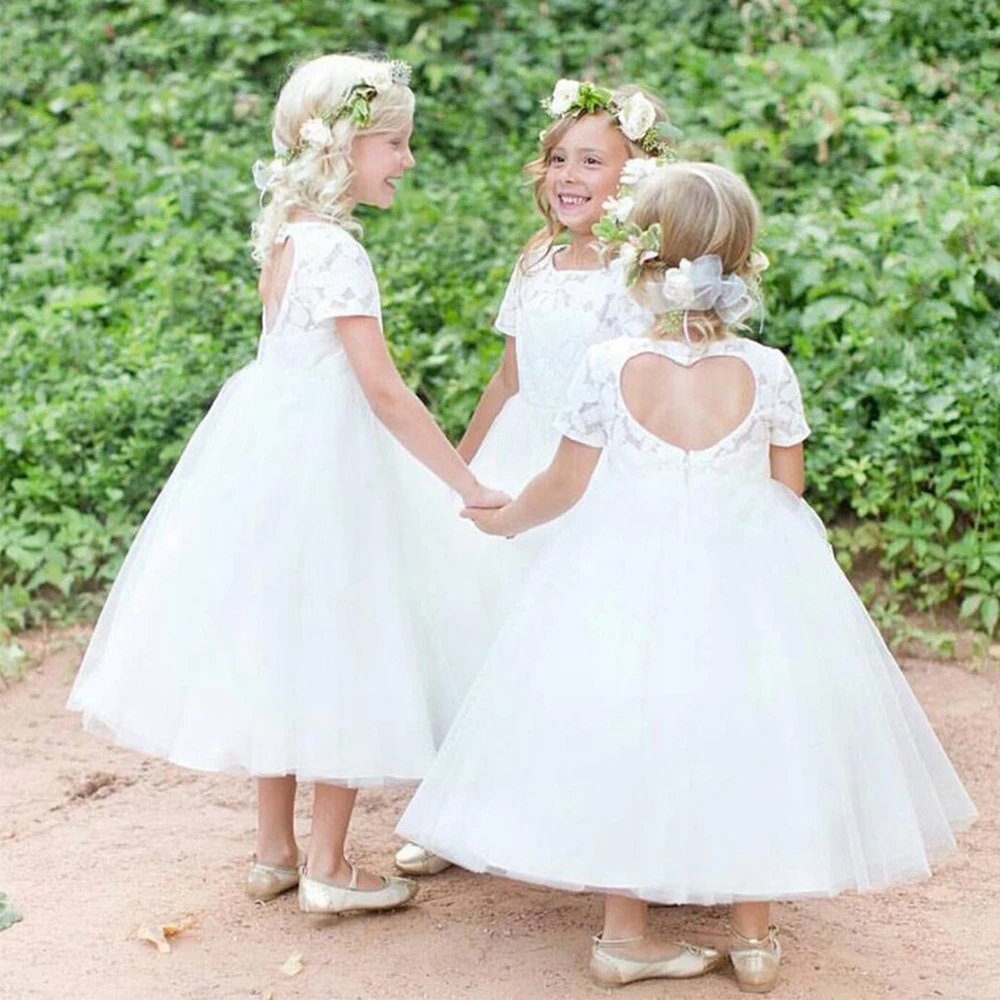 

Bbonlinedress White Ball Gown Flower Girl Dresses 2019 Tea-Length Lace Flower Girl Dress 2019 Robes de fille de fleur