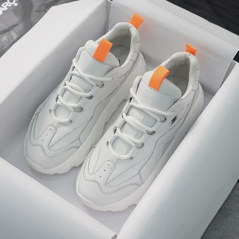 Белые женские кроссовки из натуральной кожи на массивной платформе, zapatos de mujer, весенние женские кроссовки из натуральной кожи - Цвет: Белый