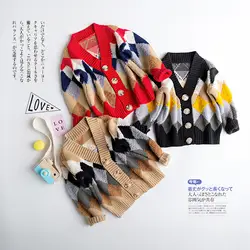 Ромб узор детские свитера Fair Isle вязаный свитер для мальчиков кнопка кардиган для девочек Детская верхняя одежда Одежда для малышей на