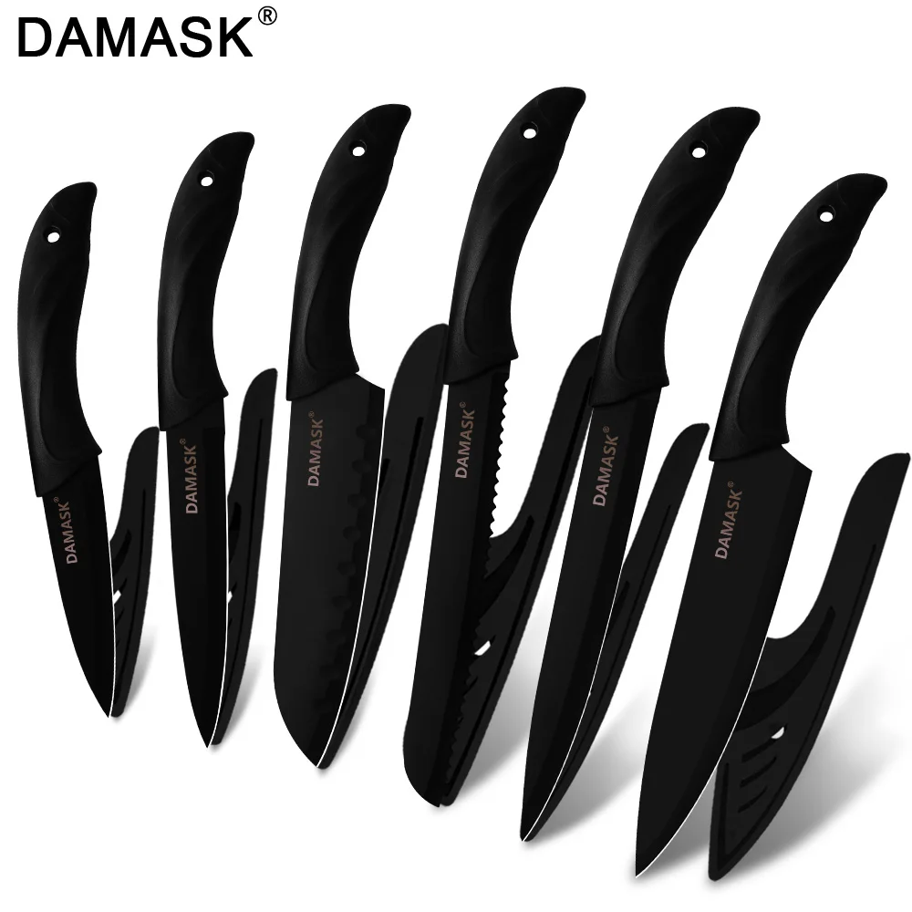 6 Pcs Set Дамасский кухонный нож поварские ножи 3Cr13 из нержавеющей стали черный нож Кливер хлеб Santoku ножи PP ручка поварской резак инструмент - Цвет: 6 Pcs Set